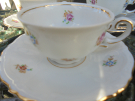 Kleine kop en schotel / Mokka / Espresso met bloemboeketjes met oa. roze roosjes