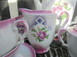 10 persoons Koffieservies met roze roos en roze/paarse parelmoer