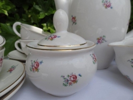 Koffieservies 9 persoons met lieve boeketjes / roze roosjes