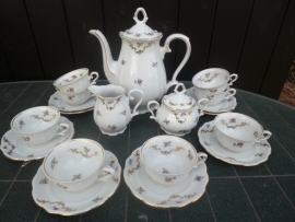 Koffieservies Bareuther Bavaria met roze/rode roosjes/bloemetjes en goudlusters