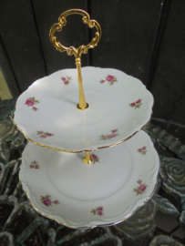 2 laags etagere met roze/rode roosjes Bavaria 2 tulpjes (kleine maat)