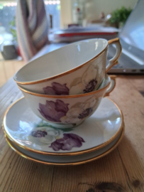 Kleine/ Mokka kop en schotels Limoges met paarse en witte Annemoontjes