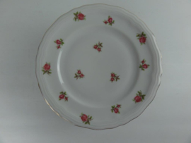 Ontbijtbordje met roze/rode roosjes met een  Kroontje gemerkt (Rheinkrone)