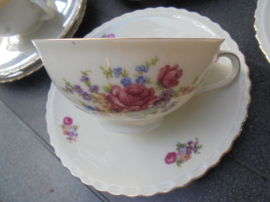 Thee kop en schotel met bloemboeket / roze roos Bavaria W