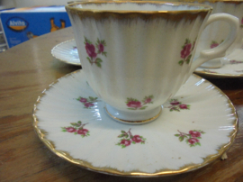 Kop en Schotel met roze/rode roosjes en goud rand