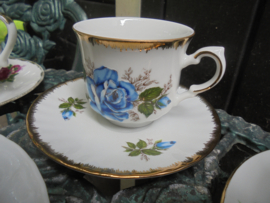 Koffie kop en schotel Kronester Bavaria met blauwe roos en brede goud rand