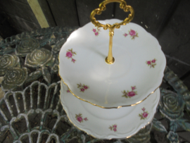 2 laags etagere met roze/rode roosjes Bavaria 2 tulpjes (kleine maat)