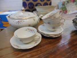 Kop en schotel Winterling Marktleuthen Bavaria met roze en gele roosjes guirlandertjes
