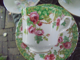 Kop en schotel met veel groen en roze roosjes Royal Windsor