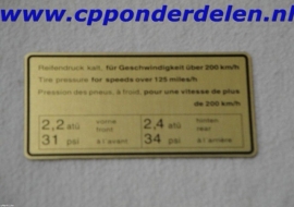 911251 Sticker Bandenspanning `65-`72 boven 200 km/h