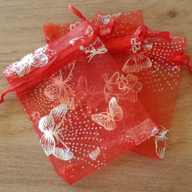 Organza zakjes Rood - Vlinders zilver