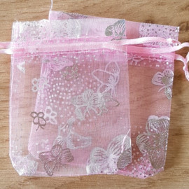 Organza Zakjes Roze - Vlinder zilver