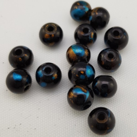 Glaskralen Bladgoud look  Black Gold - Dark Turquoise Blue 6 mm
