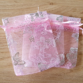 Organza Zakjes Roze - Vlinder zilver