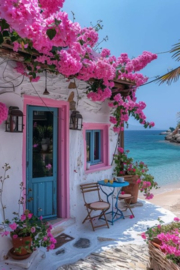 B28. Grieks huisje -  Roze /Blauw