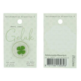 Geluksmuntje klavertje 4 “Heel veel geluk” op een Groene Kaart (9×5,5cm)