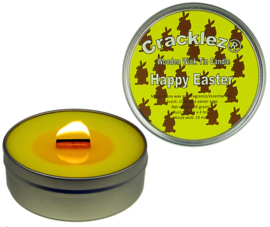 Cracklez® Knetter Houten Lont Geur Kaars in blik Vrolijk Pasen. Chocolade Geur. Geel.