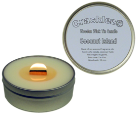 Cracklez® Knetter Houten Lont Geurkaars in blik Coconut Island. Kokos en Tropische Vruchten. Wit.