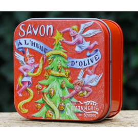 La Savonnerie de Nyons - Zeep in vierkant blikje (kerstgeur: kaneel/sinaasappel)  100 gram kerstboom & engeltjes