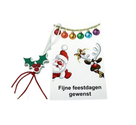 Kerstkaartje - Fijne Feestdagen Gewenst  - Gelukshanger Kerstblad met Rode Besjes