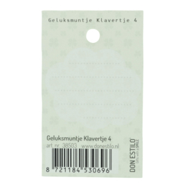 Geluksmuntje klavertje 4 “Heel veel geluk” op een Groene Kaart (9×5,5cm)