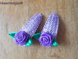 Haarspeldjes, peuter/kleuter, paars met pailletjes met paarse roos.