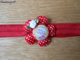 Elastisch haarbandje, rood, met rode polkadot bloem, `Kleine Zus` en wit roosje.