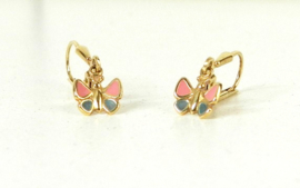 14 karaat geelgouden oorhangers met roze blauwe vlinder thema