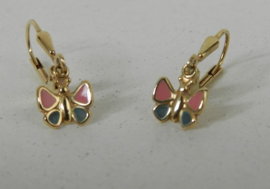 14 karaat geelgouden oorhangers met roze blauwe vlinder thema