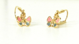 14 karaat geelgouden oorhangers met roze blauwe vlinder thema