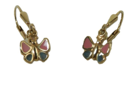 14 karaat geelgouden oorhangers met roze blauwe vlinder thema