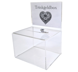 Trinkgeldbox groß transparent mit Schloss und Aufdruck