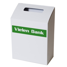 Spendenbox mit Aufdruck „Vielen Dank“