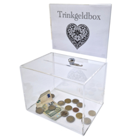 Trinkgeldbox groß transparent mit Schloss und Aufdruck