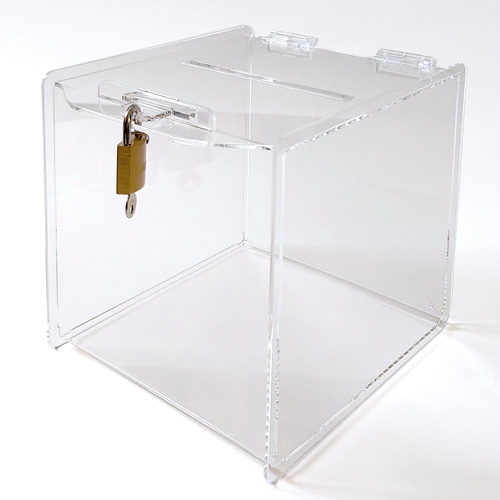 Boîte à idées carré transparent avec une serrure (20 cm)