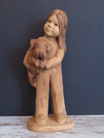 vintage sculptuur meisje met ruwharige Teckel