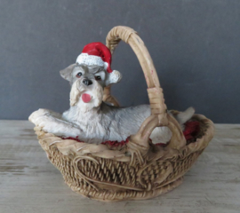 Schnauzer met kerstmuts in mandje