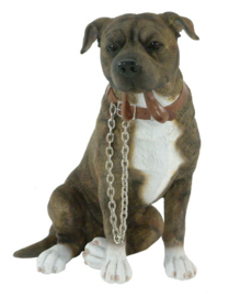 beeldje Staffordshire Bull Terriër met riem brindle/wit