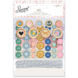 Maggie Holmes Parasol Embellishment Mix 72/Pkg Buttons, Dots, Ribbon & Twine 