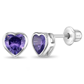 Kinderoorbellen Sterling zilver 925 met schroefsluiting Hart paars "In Season Jewelry"