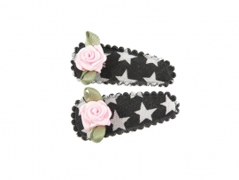 Babyhaarspeldjes zwart met ster en roze roosje