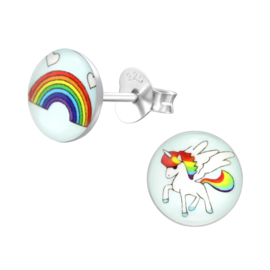 Kinderoorbellen Sterling zilver 925 Regenboog en unicorn