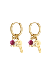 Creolen Chirurgisch staal Key with beads Fuchsia