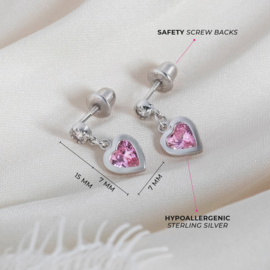 Kinderoorbellen Sterling zilver 925 met schroefsluiting Dangle heart "In Season Jewelry"
