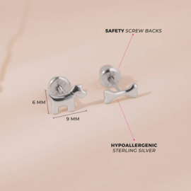 Kinderoorbellen Sterling zilver 925 met schroefsluiting Hond en bot "In Season Jewelry"
