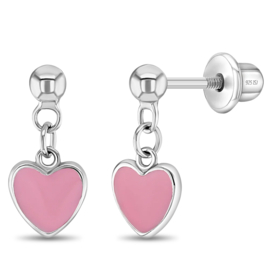 Kinderoorbellen Sterling zilver 925 met schroefsluiting Dangle heart roze "In Season Jewelry"