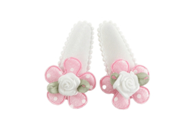 Babyhaarspeldjes wit satijn met roze gestipte bloem en wit roosje