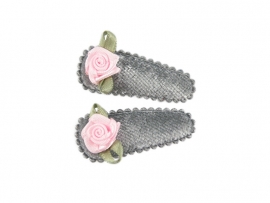 Babyhaarspeldjes grijs fluweel met roze roosje