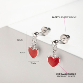 Kinderoorbellen Sterling zilver 925 met schroefsluiting Dangle heart rood "In Season Jewelry"