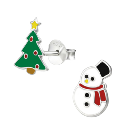 Kinderoorbellen Sterling zilver 925 Kerstboom en sneeuwpop